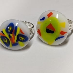 Artisan handmade Fused glass statement rings with silver plated adjustable bands